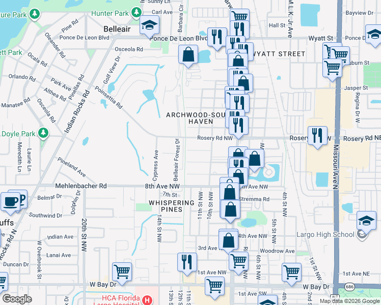 map of restaurants, bars, coffee shops, grocery stores, and more near 1045 11th Avenue Northwest in Largo