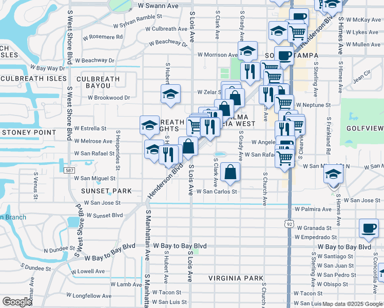 map of restaurants, bars, coffee shops, grocery stores, and more near Henderson Blvd & S Lois Ave in Tampa