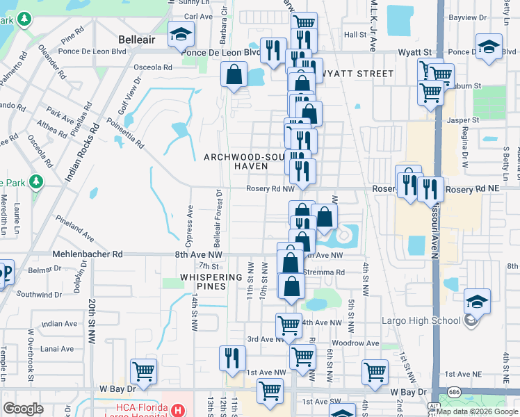 map of restaurants, bars, coffee shops, grocery stores, and more near 1065 10th Street Northwest in Largo