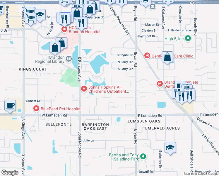 map of restaurants, bars, coffee shops, grocery stores, and more near 713 Coulter Place in Brandon
