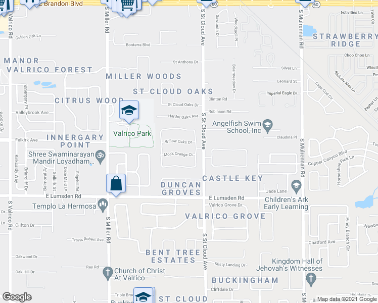 map of restaurants, bars, coffee shops, grocery stores, and more near 2714 Mock Orange Court in Valrico