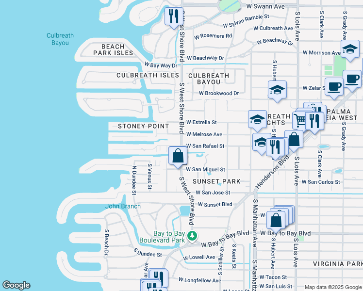 map of restaurants, bars, coffee shops, grocery stores, and more near S Westshore Blvd & W San Rafael St in Tampa
