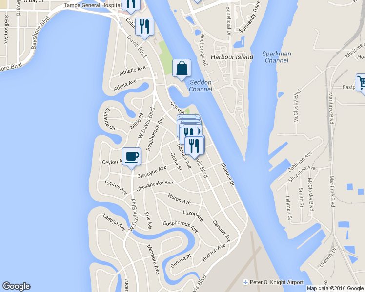 map of restaurants, bars, coffee shops, grocery stores, and more near 217 East Davis Boulevard in Tampa