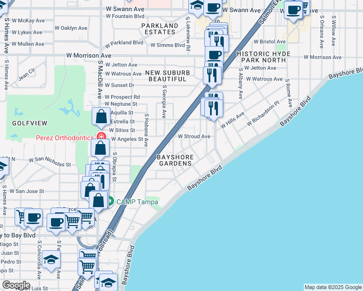map of restaurants, bars, coffee shops, grocery stores, and more near South Lorenzo Avenue in Tampa