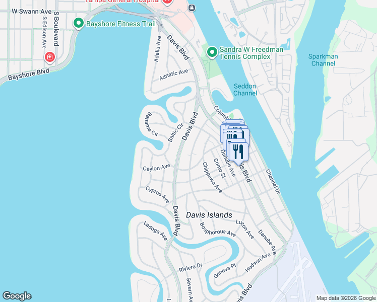 map of restaurants, bars, coffee shops, grocery stores, and more near 139 West Davis Boulevard in Tampa