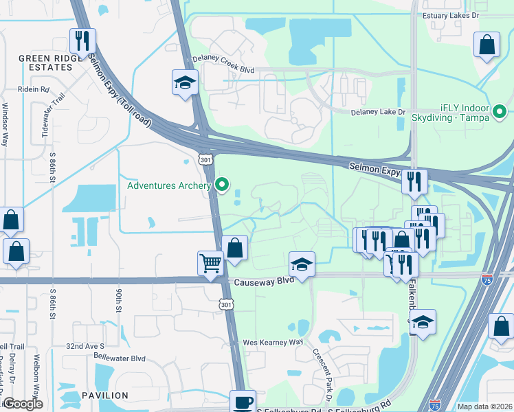 map of restaurants, bars, coffee shops, grocery stores, and more near 9918 Courtney Palms Boulevard in Tampa