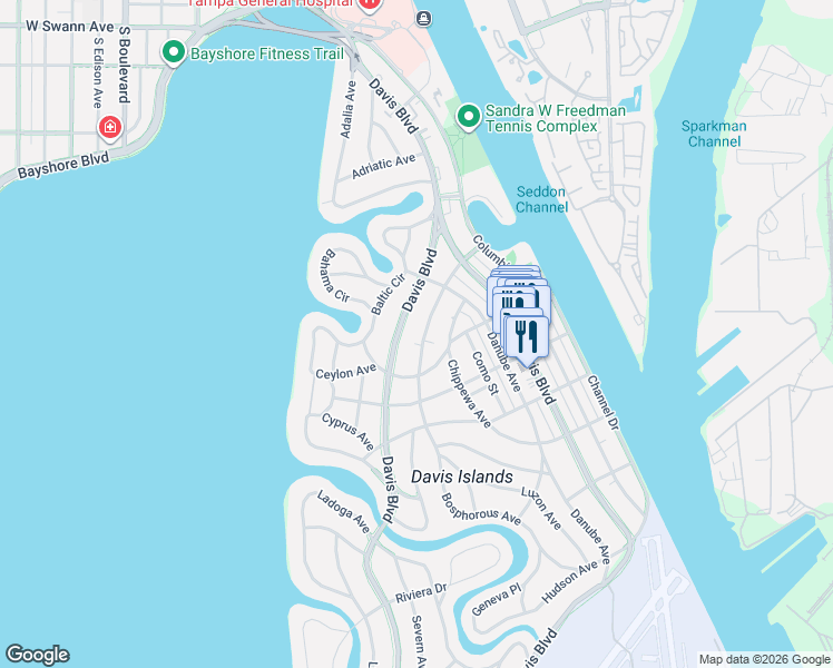 map of restaurants, bars, coffee shops, grocery stores, and more near 139 West Davis Boulevard in Tampa