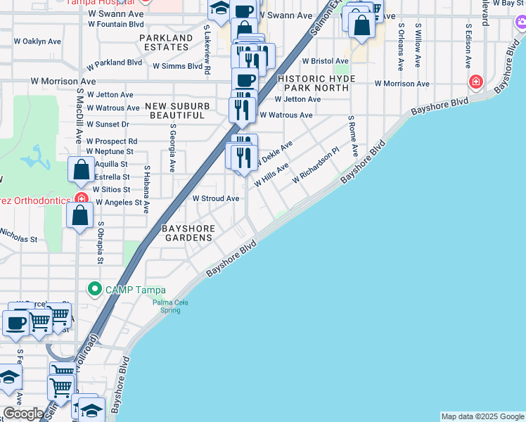 map of restaurants, bars, coffee shops, grocery stores, and more near 1505 South De Soto Avenue in Tampa