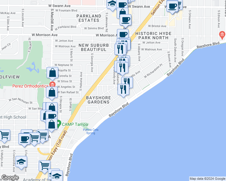 map of restaurants, bars, coffee shops, grocery stores, and more near 1406 Glen Avenue in Tampa