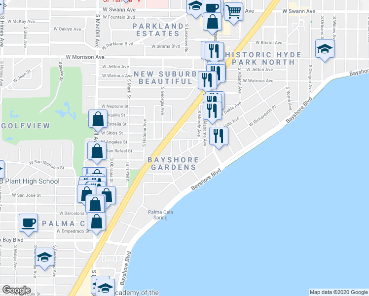 map of restaurants, bars, coffee shops, grocery stores, and more near 1407 South Lorenzo Avenue in Tampa