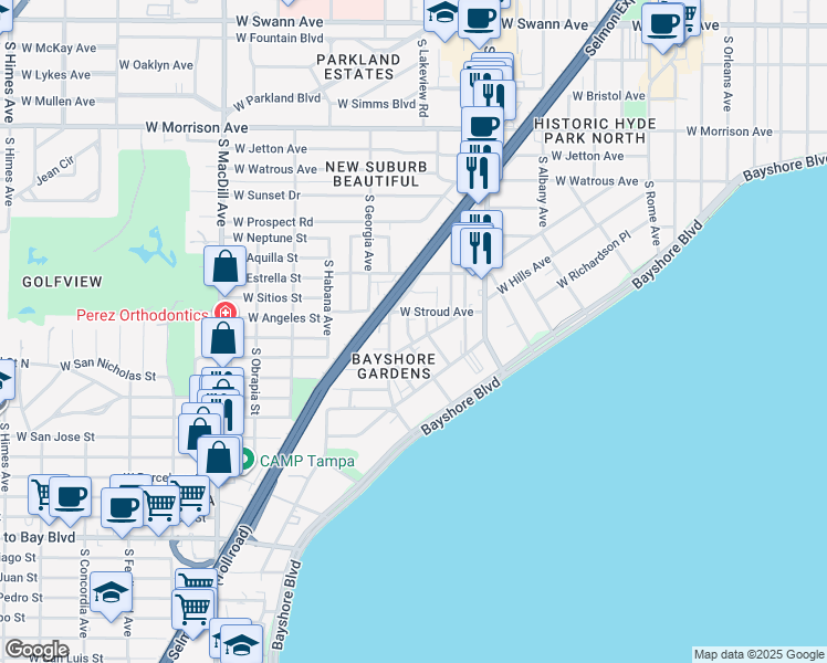 map of restaurants, bars, coffee shops, grocery stores, and more near 1407 South Lorenzo Avenue in Tampa