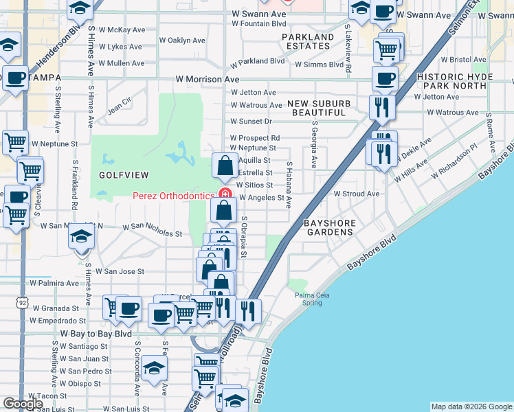 map of restaurants, bars, coffee shops, grocery stores, and more near 2904 West Angeles Street in Tampa