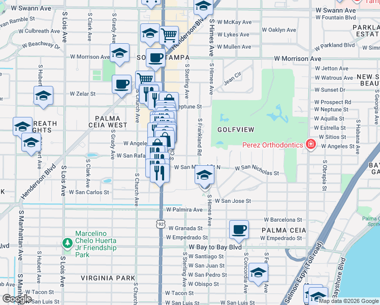 map of restaurants, bars, coffee shops, grocery stores, and more near 1027 South Frankland Road in Tampa
