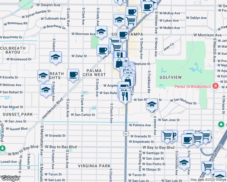 map of restaurants, bars, coffee shops, grocery stores, and more near 1906 South Church Avenue in Tampa