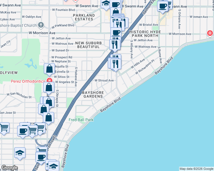 map of restaurants, bars, coffee shops, grocery stores, and more near 2309 West Texas Avenue in Tampa