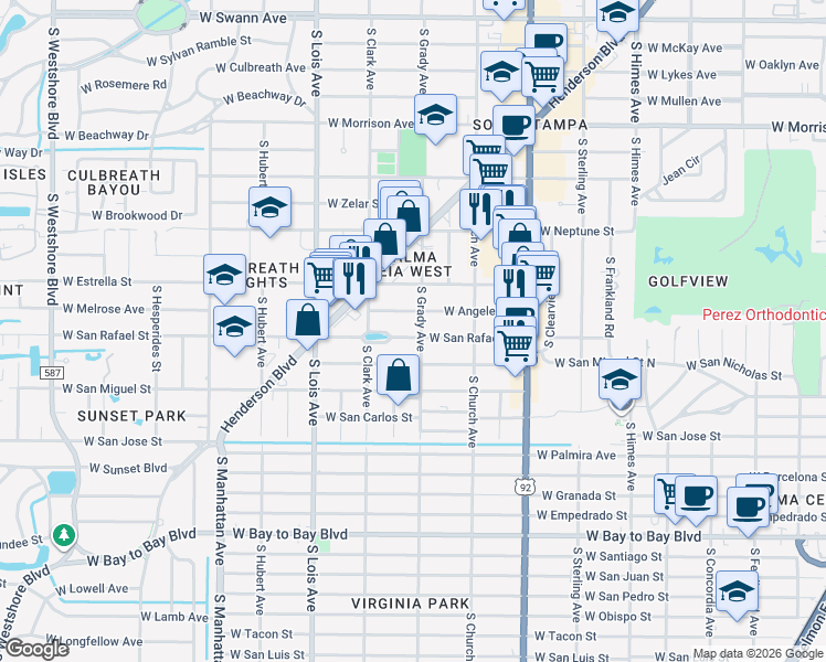 map of restaurants, bars, coffee shops, grocery stores, and more near 4001 West San Rafael Street in Tampa