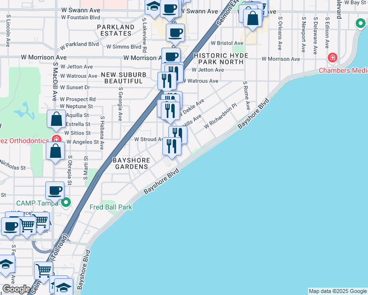 map of restaurants, bars, coffee shops, grocery stores, and more near 1505 South De Soto Avenue in Tampa