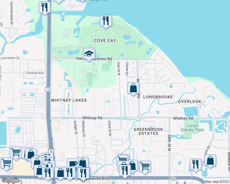 map of restaurants, bars, coffee shops, grocery stores, and more near 1900 Oak Street North in Clearwater