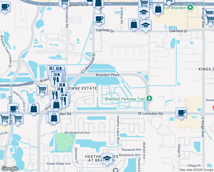 map of restaurants, bars, coffee shops, grocery stores, and more near 439 Kensington Lake Circle in Brandon