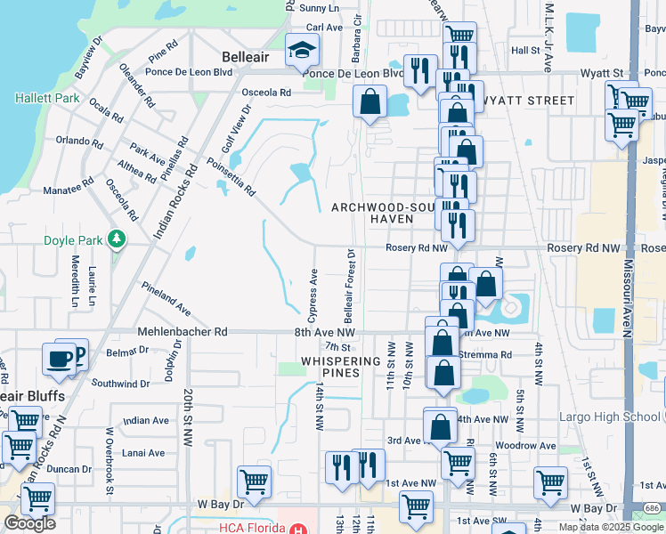 map of restaurants, bars, coffee shops, grocery stores, and more near 1713 Belleair Forest Drive in Belleair
