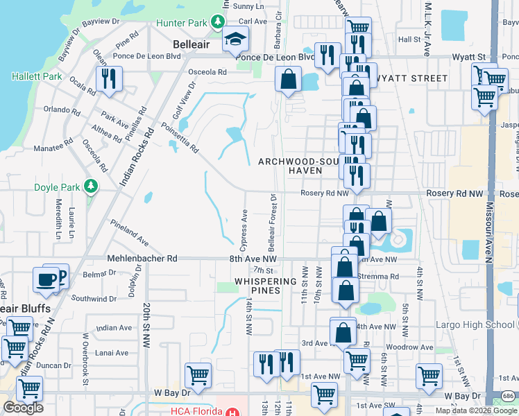 map of restaurants, bars, coffee shops, grocery stores, and more near 1713 Belleair Forest Drive in Belleair