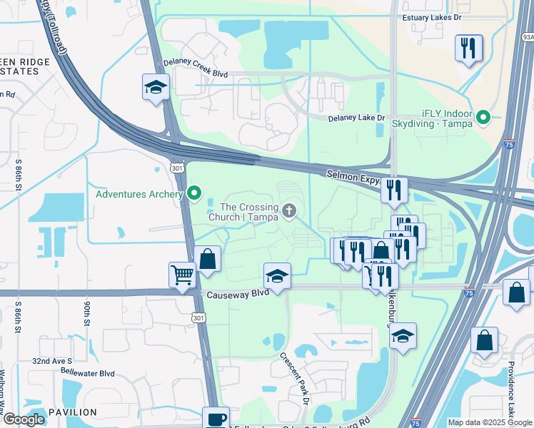 map of restaurants, bars, coffee shops, grocery stores, and more near 10115 Courtney Palms Boulevard in Tampa
