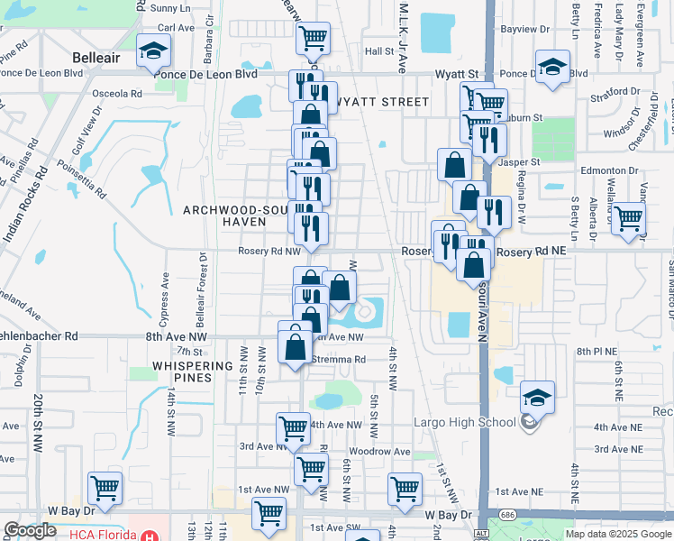 map of restaurants, bars, coffee shops, grocery stores, and more near 1075 6th Street in Largo