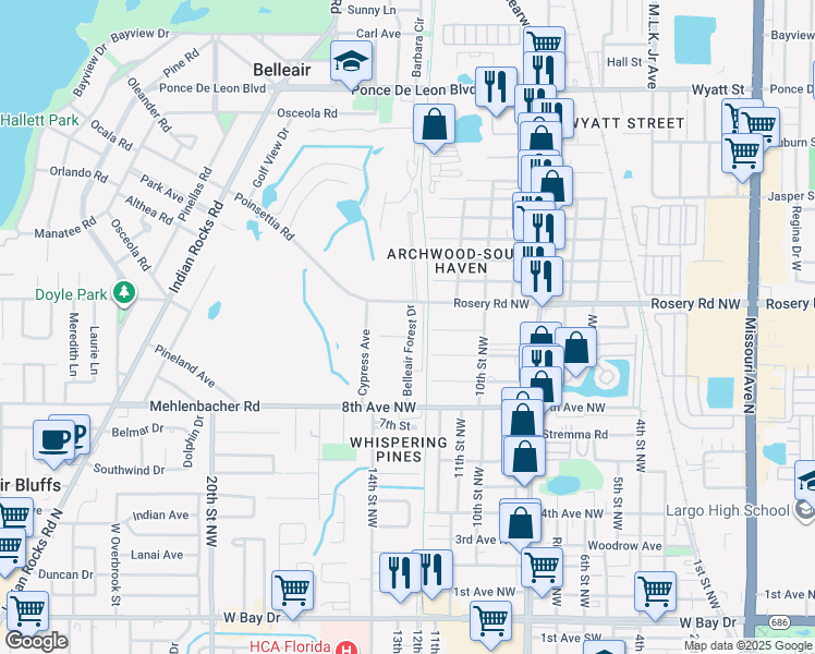 map of restaurants, bars, coffee shops, grocery stores, and more near 1712 Belleair Forest Drive in Belleair