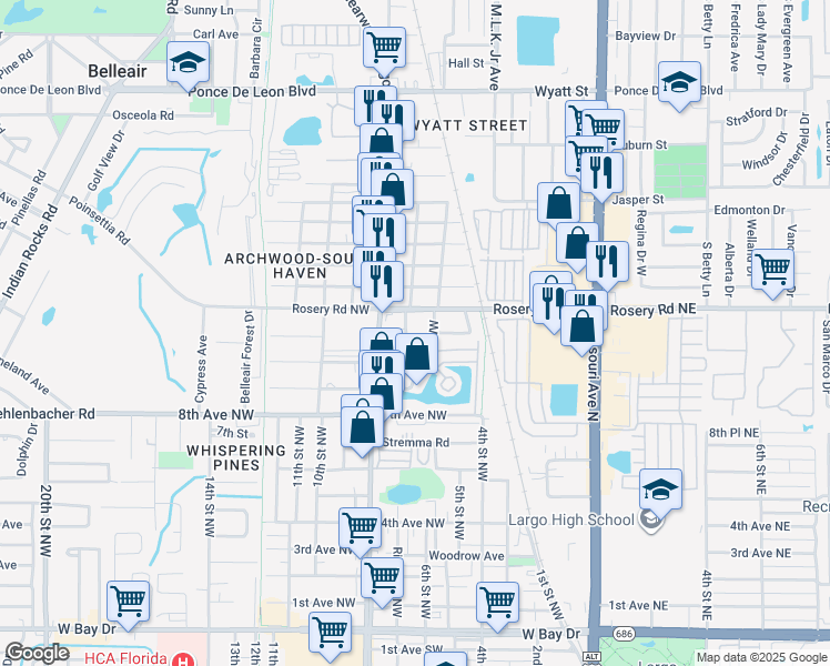 map of restaurants, bars, coffee shops, grocery stores, and more near 1075 6th Street in Largo