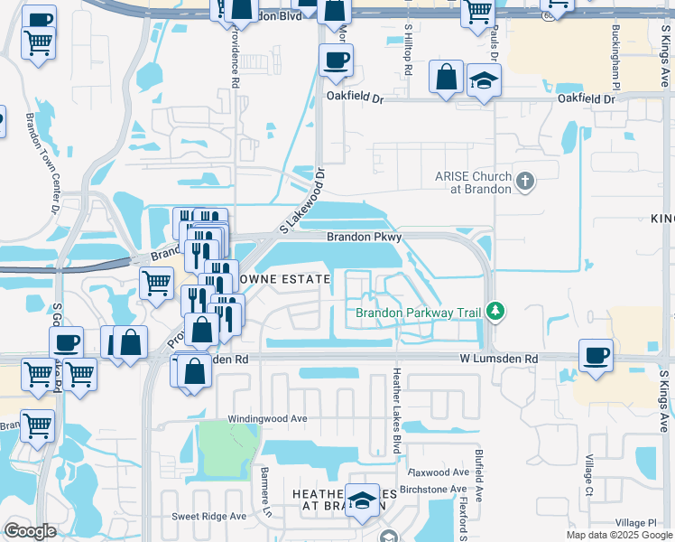 map of restaurants, bars, coffee shops, grocery stores, and more near 357 Kensington Lake Circle in Brandon