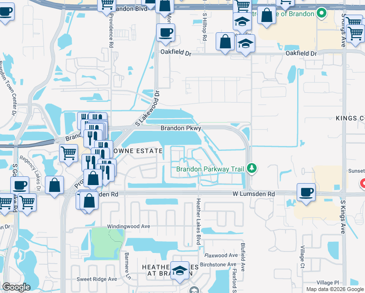 map of restaurants, bars, coffee shops, grocery stores, and more near 439 Kensington Lake Circle in Brandon