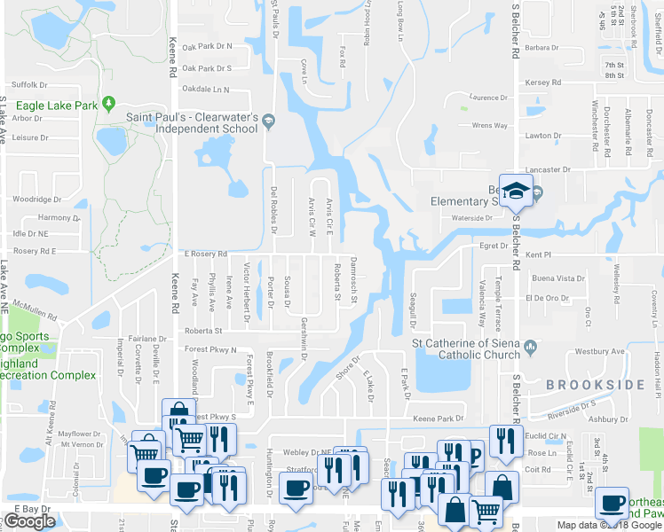 map of restaurants, bars, coffee shops, grocery stores, and more near 3125 Roberta Street in Largo