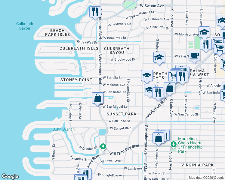 map of restaurants, bars, coffee shops, grocery stores, and more near 4701 West San Rafael Street in Tampa