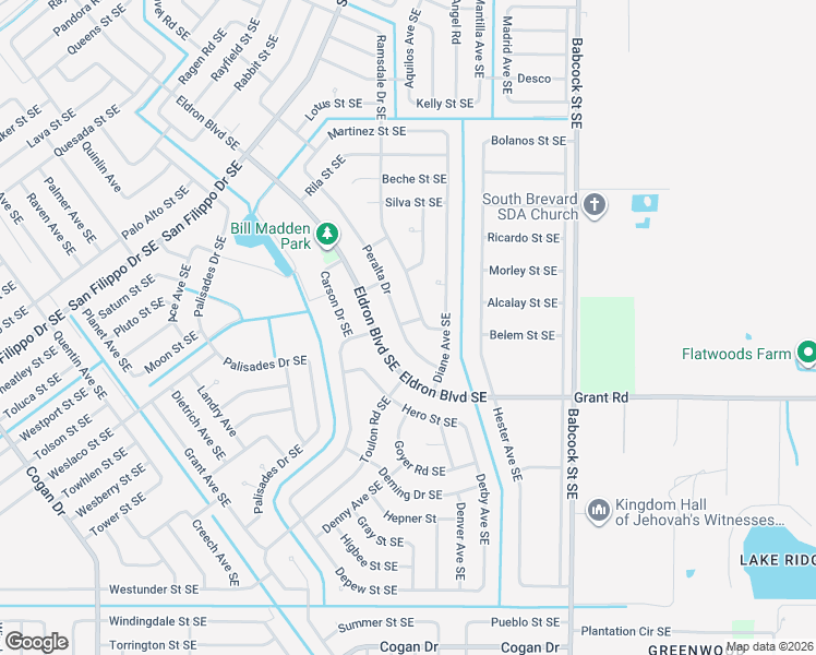 map of restaurants, bars, coffee shops, grocery stores, and more near 2701 Peralta Drive Southeast in Palm Bay