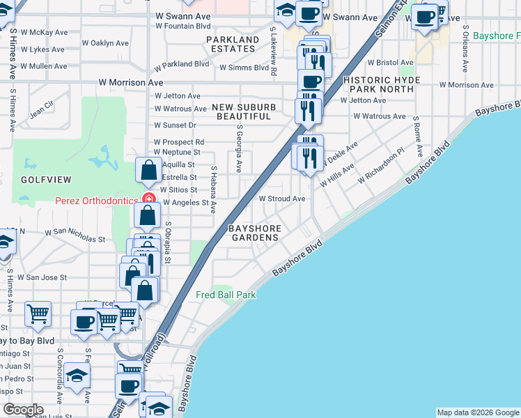 map of restaurants, bars, coffee shops, grocery stores, and more near 1411 South Lorenzo Avenue in Tampa
