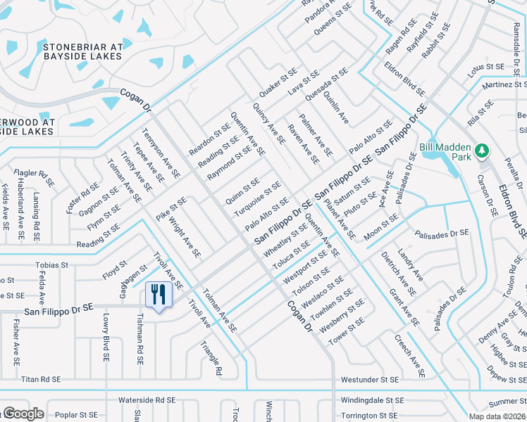 map of restaurants, bars, coffee shops, grocery stores, and more near 947 Palo Alto Street Southeast in Palm Bay