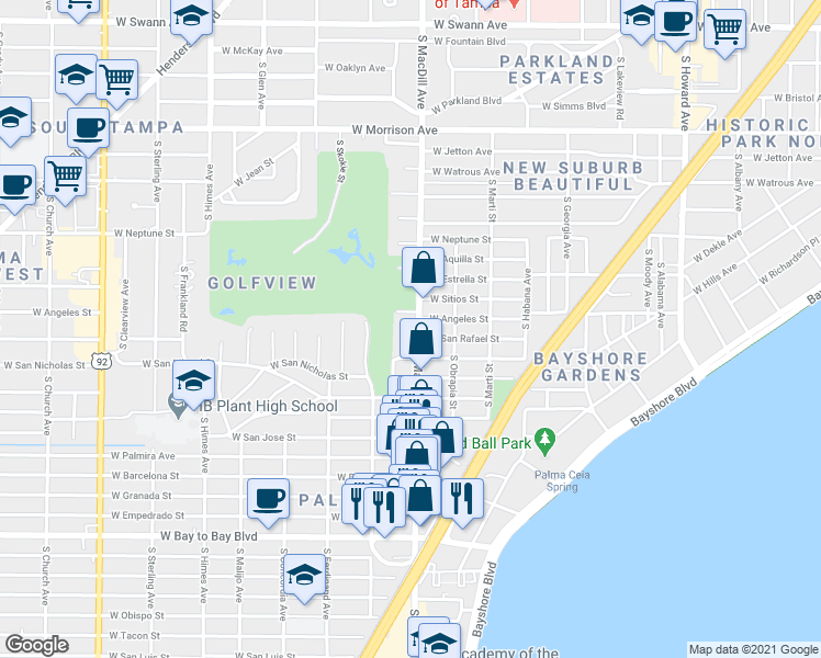 map of restaurants, bars, coffee shops, grocery stores, and more near 3103 West San Rafael Street in Tampa