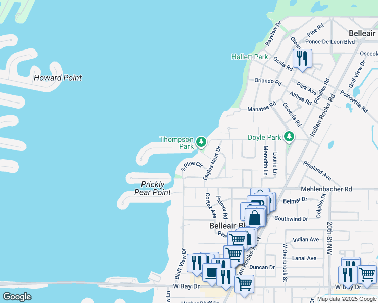 map of restaurants, bars, coffee shops, grocery stores, and more near 17 North Pine Circle in Belleair