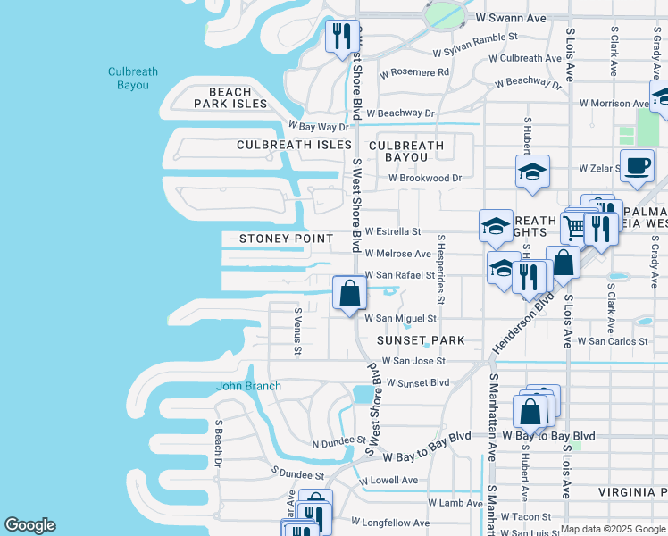 map of restaurants, bars, coffee shops, grocery stores, and more near 4811 West San Rafael Street in Tampa