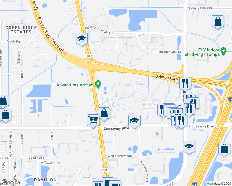 map of restaurants, bars, coffee shops, grocery stores, and more near 10106 Courtney Palms Boulevard in Tampa
