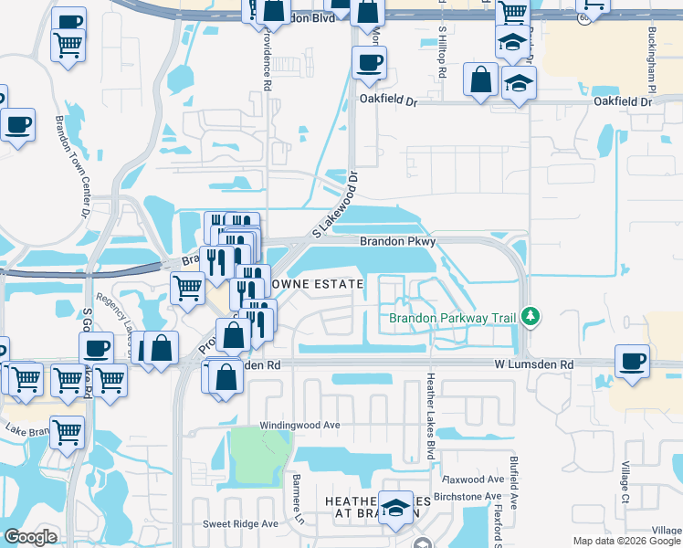 map of restaurants, bars, coffee shops, grocery stores, and more near 734 Burlwood Street in Brandon