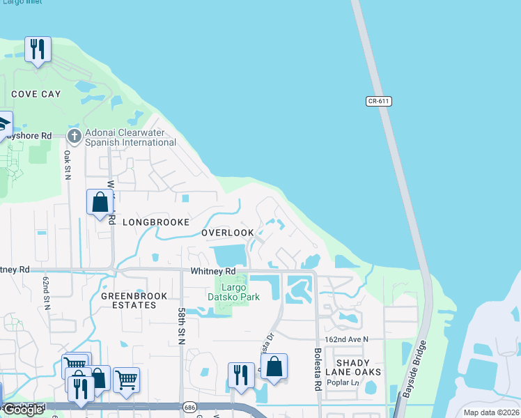 map of restaurants, bars, coffee shops, grocery stores, and more near 3130 Shoreline Drive in Clearwater