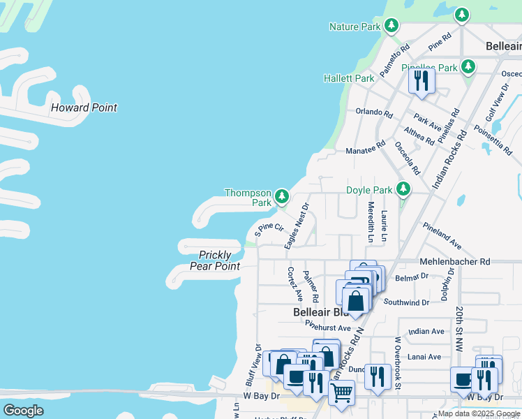 map of restaurants, bars, coffee shops, grocery stores, and more near 17 North Pine Circle in Belleair