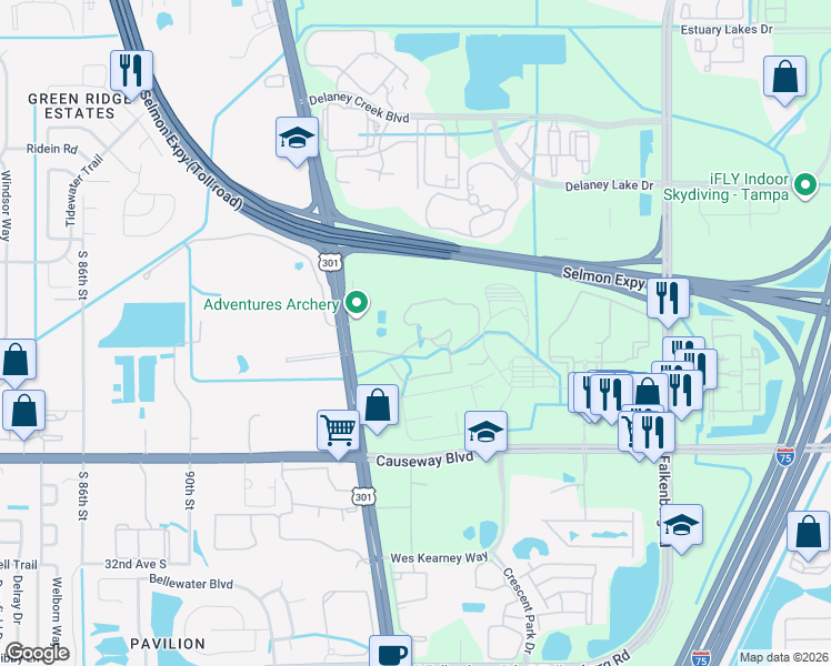 map of restaurants, bars, coffee shops, grocery stores, and more near 2407 Courtney Meadows Court in Tampa