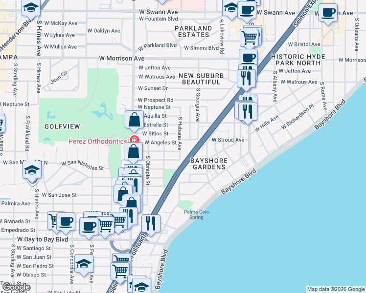 map of restaurants, bars, coffee shops, grocery stores, and more near 2802 West Angeles Street in Tampa