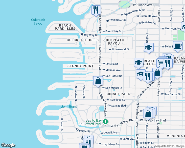 map of restaurants, bars, coffee shops, grocery stores, and more near 4811 West San Rafael Street in Tampa