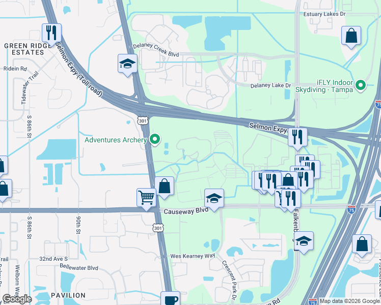 map of restaurants, bars, coffee shops, grocery stores, and more near 10106 Courtney Palms Boulevard in Tampa