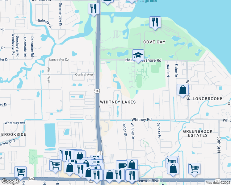 map of restaurants, bars, coffee shops, grocery stores, and more near 1905 Whitney Way in Clearwater