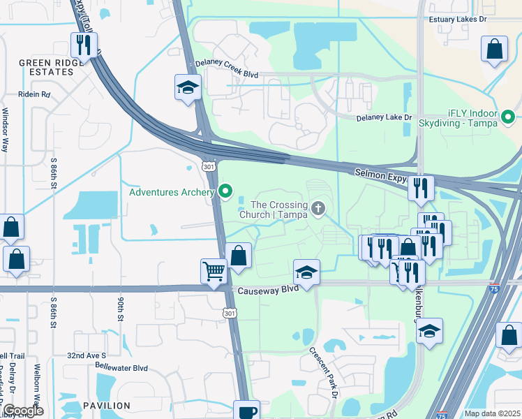 map of restaurants, bars, coffee shops, grocery stores, and more near 9918 Courtney Palms Boulevard in Tampa
