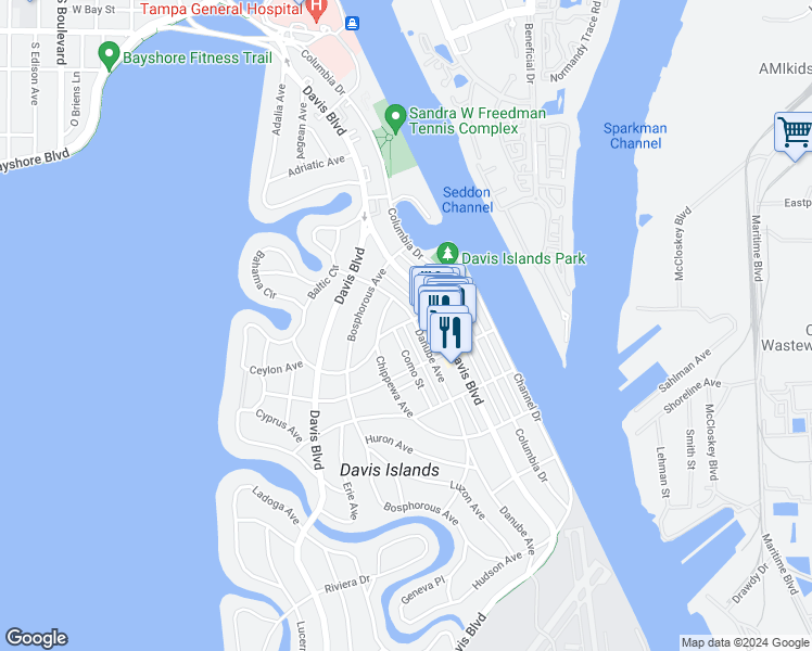 map of restaurants, bars, coffee shops, grocery stores, and more near 99 Barbados Avenue in Tampa
